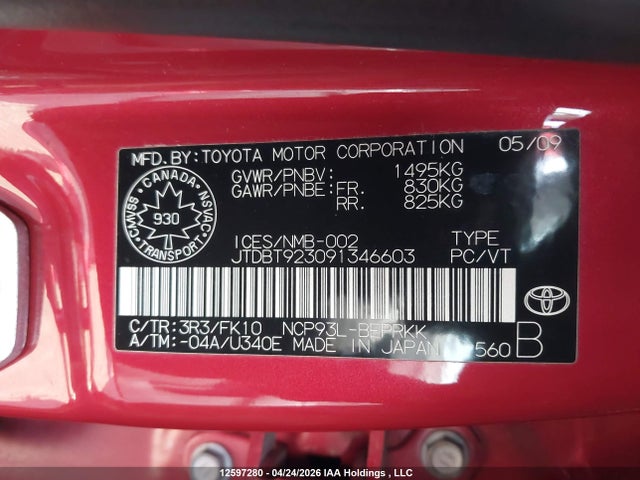 2009 Toyota Yaris მანქანა იყიდება აუქციონზე, vin: JTDBT923091346603, აუქციონის ნომერი: 12597280