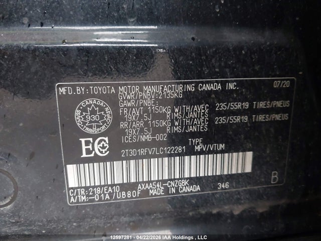 2020 Toyota Rav4 Limited მანქანა იყიდება აუქციონზე, vin: 2T3D1RFV7LC122281, აუქციონის ნომერი: 12597281