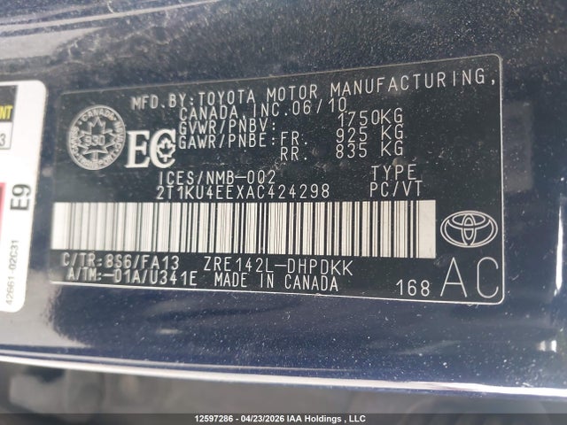 12597286 :رقم المزاد ، 2T1KU4EEXAC424298 vin ، 2010 Toyota Matrix مزاد بيع