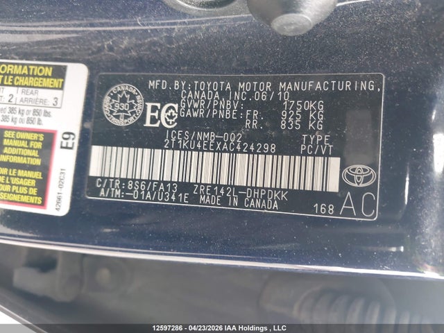 12597286 :رقم المزاد ، 2T1KU4EEXAC424298 vin ، 2010 Toyota Matrix مزاد بيع