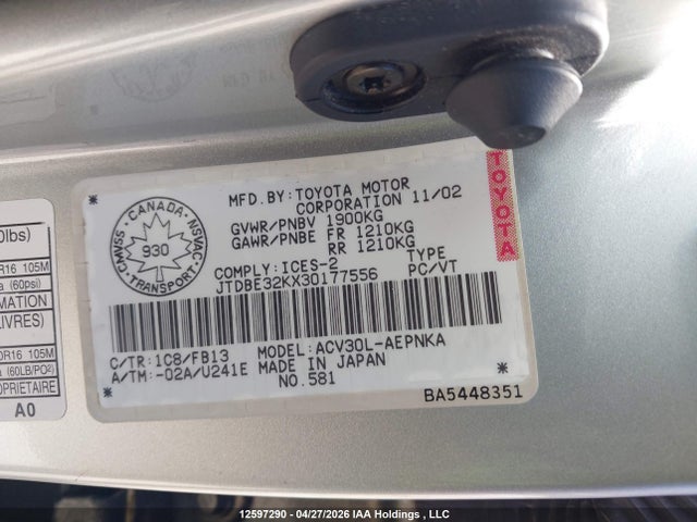 12597290 :رقم المزاد ، JTDBE32KX30177556 vin ، 2003 Toyota Camry مزاد بيع