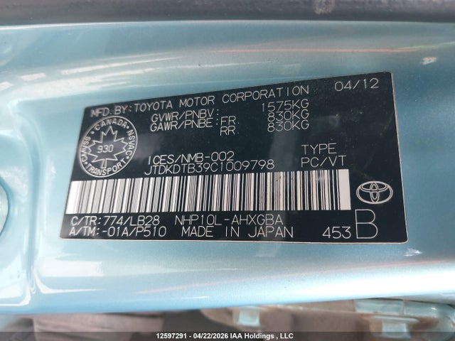 12597291 :رقم المزاد ، JTDKDTB39C1009798 vin ، 2012 Toyota Prius C Technology مزاد بيع