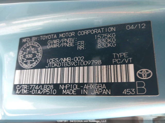 12597291 :رقم المزاد ، JTDKDTB39C1009798 vin ، 2012 Toyota Prius C Technology مزاد بيع