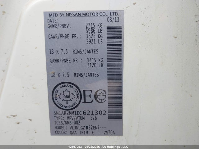 2014 Nissan Pathfinder S/sv/sl/platinum მანქანა იყიდება აუქციონზე, vin: 5N1AR2MM1EC621302, აუქციონის ნომერი: 12597293