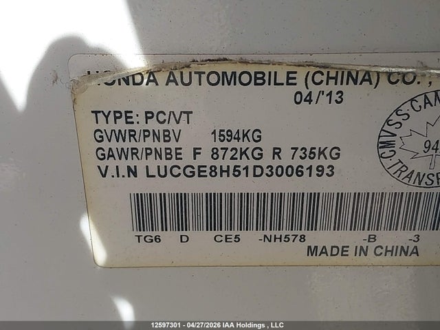 Продаж на аукціоні авто 2013 Honda Fit Lx, vin: LUCGE8H51D3006193, номер лоту: 12597301