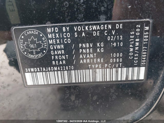 2013 Volkswagen Jetta 2.5l Comfortline/2.5l Sportline მანქანა იყიდება აუქციონზე, vin: 3VWDX7AJ6DM422870, აუქციონის ნომერი: 12597302