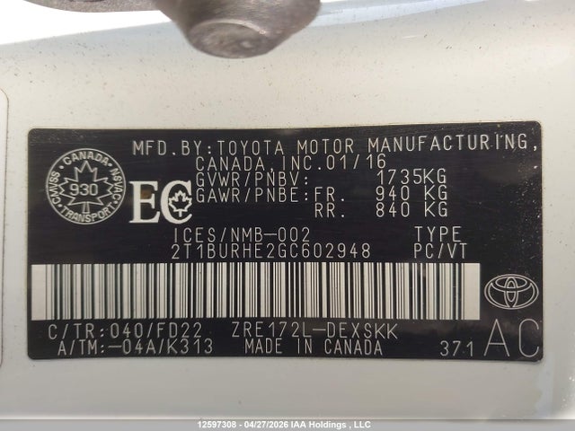 12597308 :رقم المزاد ، 2T1BURHE2GC602948 vin ، 2016 Toyota Corolla L/le/le Pls/prm/s/s Pls مزاد بيع