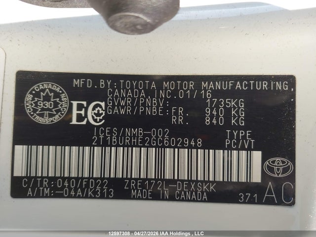 12597308 :رقم المزاد ، 2T1BURHE2GC602948 vin ، 2016 Toyota Corolla L/le/le Pls/prm/s/s Pls مزاد بيع