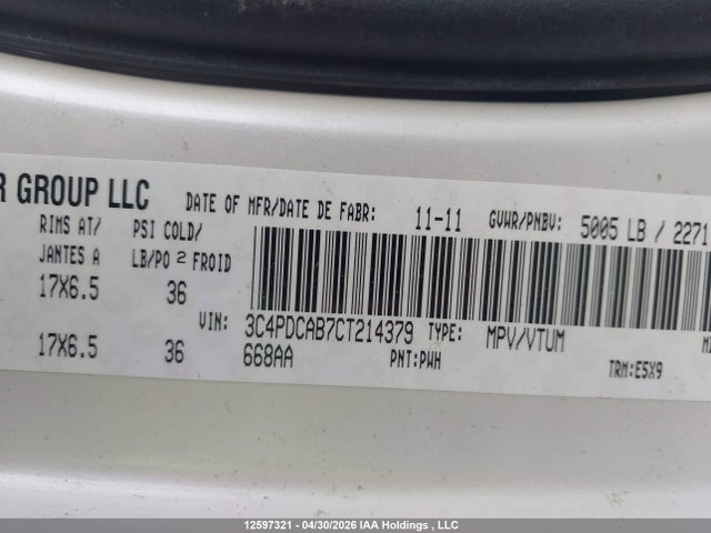 Aukcja sprzedaży 2012 Dodge Journey, vin: 3C4PDCAB7CT214379, numer aukcji: 12597321
