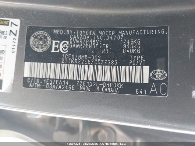2007 Toyota Matrix Xr მანქანა იყიდება აუქციონზე, vin: 2T1KR32E87C677385, აუქციონის ნომერი: 12597324