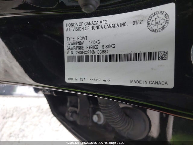 Продажа на аукционе авто 2021 Honda Civic Ex, vin: 2HGFC2F70MH008684, номер лота: 12597325