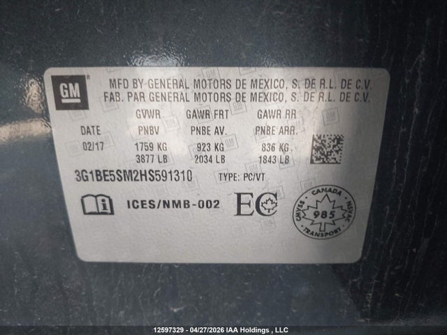 3G1BE5SM2HS591310 Chevrolet CRUZE LT
