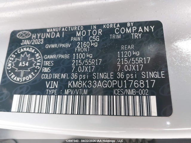 KM8K33AG0PU176817 Hyundai Kona Sel