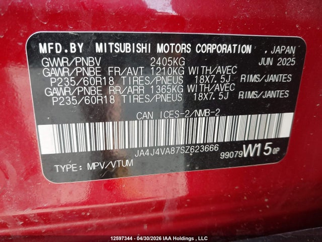Aukcja sprzedaży 2025 Mitsubishi Outlander Le S-awc/se S-awc/sel S-awc, vin: JA4J4VA87SZ623666, numer aukcji: 12597344