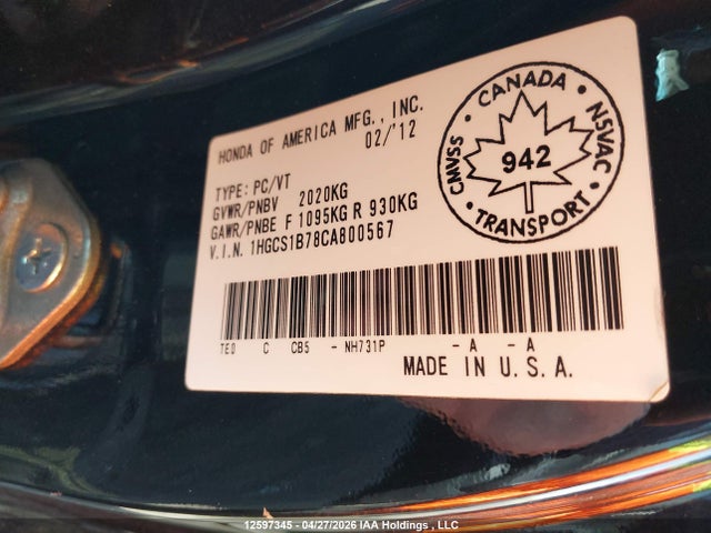2012 Honda Accord Ex მანქანა იყიდება აუქციონზე, vin: 1HGCS1B78CA800567, აუქციონის ნომერი: 12597345