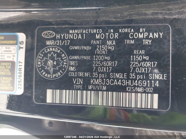 Aukcja sprzedaży 2017 Hyundai Tucson Limited/sport And Eco/se, vin: KM8J3CA43HU469114, numer aukcji: 12597346