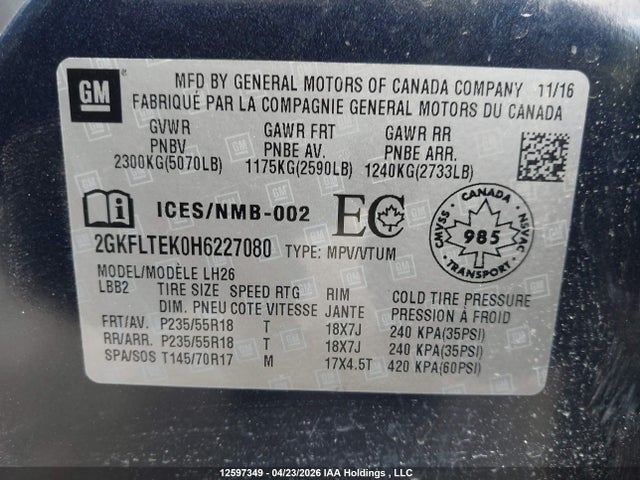 12597349 :رقم المزاد ، 2GKFLTEK0H6227080 vin ، 2017 Gmc Terrain Sle-2 مزاد بيع