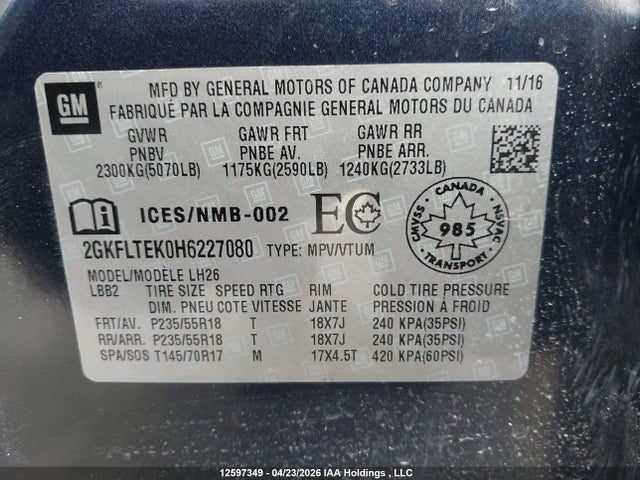 12597349 :رقم المزاد ، 2GKFLTEK0H6227080 vin ، 2017 Gmc Terrain Sle-2 مزاد بيع