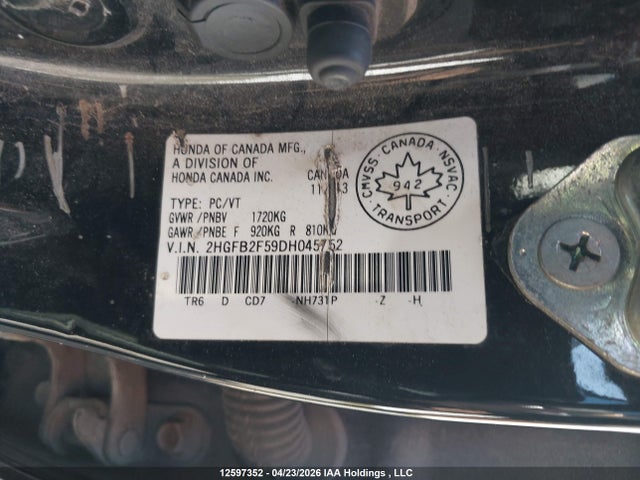 Продажа на аукционе авто 2013 Honda Civic Lx, vin: 2HGFB2F59DH045752, номер лота: 12597352