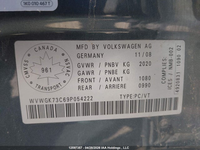 2009 Volkswagen Passat მანქანა იყიდება აუქციონზე, vin: WVWGK73C69P054222, აუქციონის ნომერი: 12597357