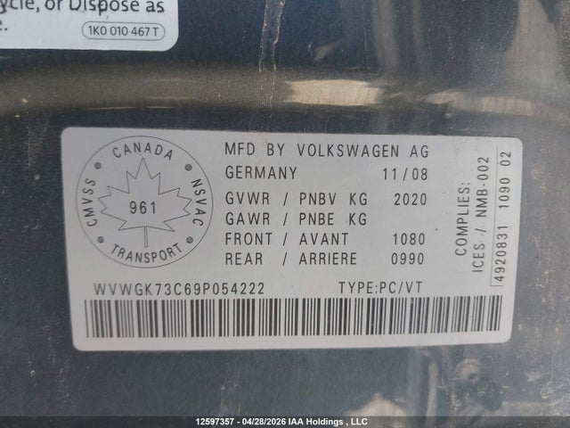 2009 Volkswagen Passat მანქანა იყიდება აუქციონზე, vin: WVWGK73C69P054222, აუქციონის ნომერი: 12597357