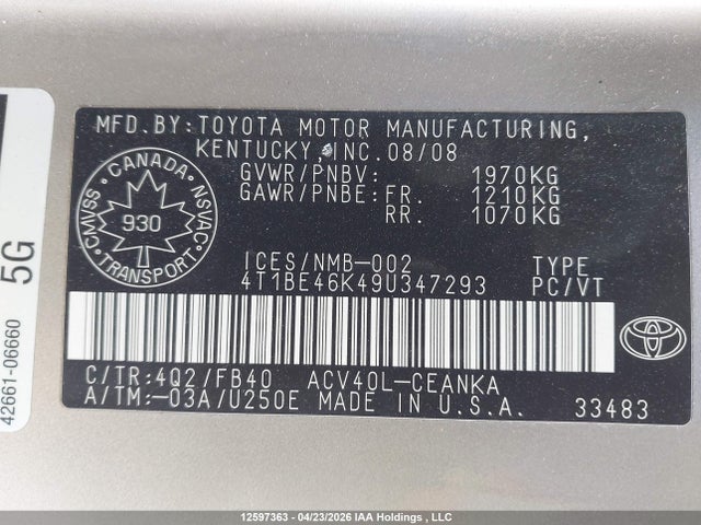 2009 Toyota Camry Se/le/xle მანქანა იყიდება აუქციონზე, vin: 4T1BE46K49U347293, აუქციონის ნომერი: 12597363
