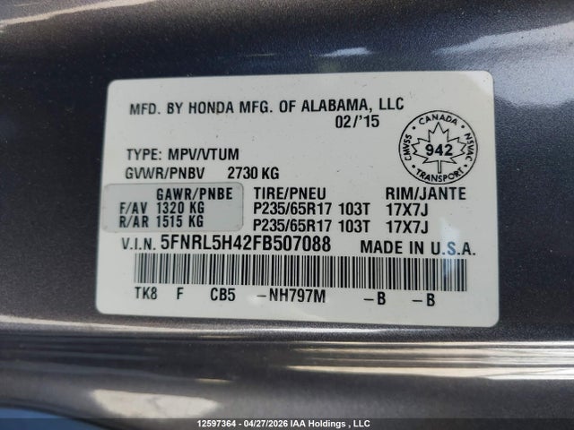 Aukcja sprzedaży 2015 Honda Odyssey Ex, vin: 5FNRL5H42FB507088, numer aukcji: 12597364