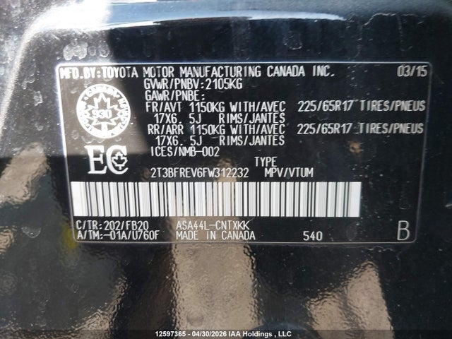 12597365 :رقم المزاد ، 2T3BFREV6FW312232 vin ، 2015 Toyota Rav4 Le مزاد بيع