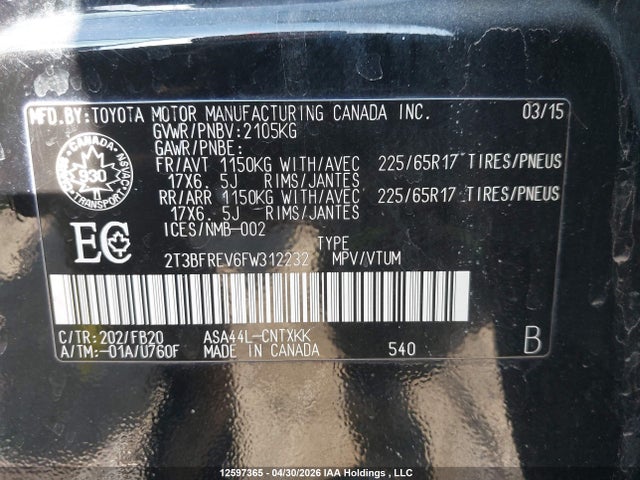 12597365 :رقم المزاد ، 2T3BFREV6FW312232 vin ، 2015 Toyota Rav4 Le مزاد بيع