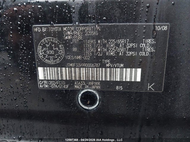 12597368 :رقم المزاد ، JTMBF33V99D006787 vin ، 2009 Toyota Rav4 مزاد بيع