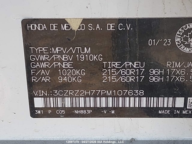 Продажа на аукционе авто 2023 Honda Hr-v Exl, vin: 3CZRZ2H77PM107638, номер лота: 12597370