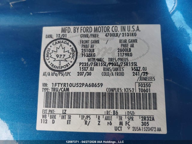 12597371 :رقم المزاد ، 1FTYR10U52PA68659 vin ، 2002 Ford Ranger مزاد بيع