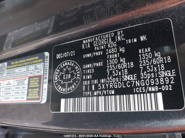 2022 Kia Sorento Lx მანქანა იყიდება აუქციონზე, vin: 5XYRGDLC7NG093892, აუქციონის ნომერი: 12597374