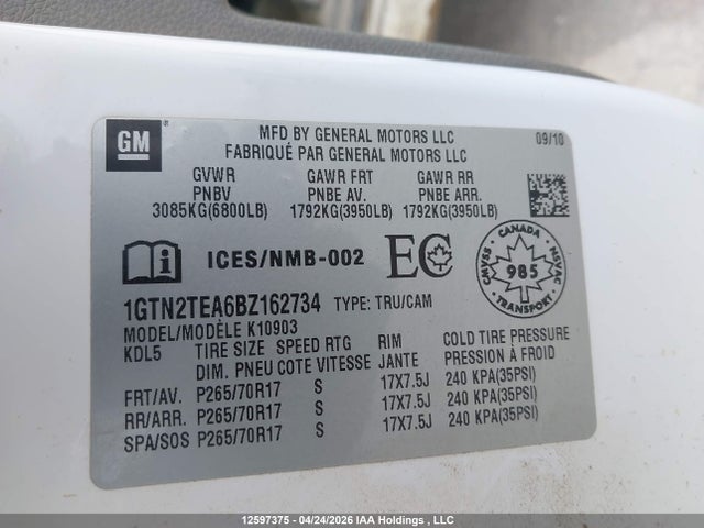 Aukcja sprzedaży 2011 Gmc Sierra K1500, vin: 1GTN2TEA6BZ162734, numer aukcji: 12597375