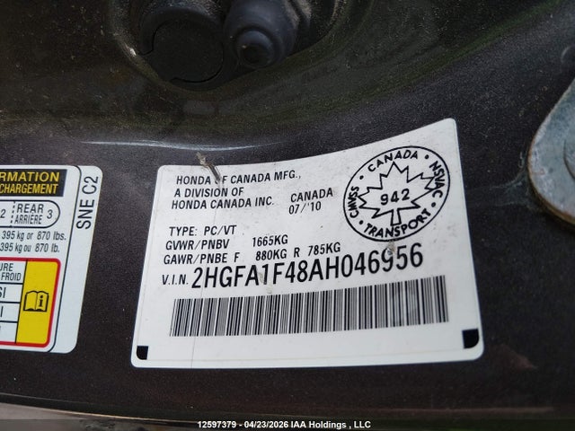 Aukcja sprzedaży 2010 Honda Civic Dx-g, vin: 2HGFA1F48AH046956, numer aukcji: 12597379