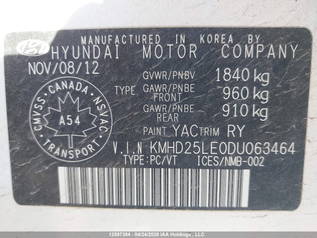 2013 Hyundai Elantra Gt მანქანა იყიდება აუქციონზე, vin: KMHD25LE0DU063464, აუქციონის ნომერი: 12597384