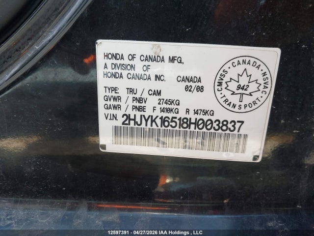 Aukcja sprzedaży 2008 Honda Ridgeline Rtl, vin: 2HJYK16518H003837, numer aukcji: 12597391