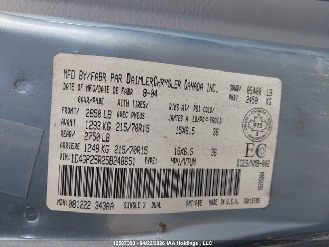 2005 Dodge Caravan მანქანა იყიდება აუქციონზე, vin: 1D4GP25R25B248651, აუქციონის ნომერი: 12597393