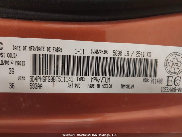 Продажа на аукционе авто 2011 Dodge Journey R/t, vin: 3D4PH6FG8BT511141, номер лота: 12597401
