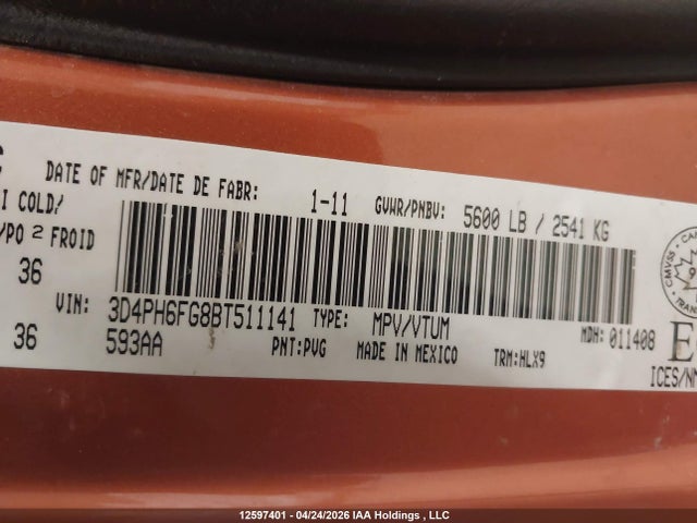 Продажа на аукционе авто 2011 Dodge Journey R/t, vin: 3D4PH6FG8BT511141, номер лота: 12597401