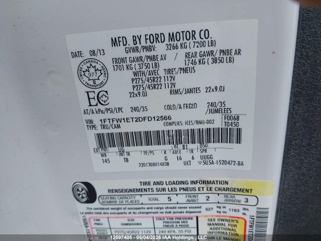 Продажа на аукционе авто 2013 Ford F150 Supercrew, vin: 1FTFW1ET2DFD12566, номер лота: 12597405