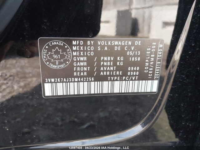 2013 Volkswagen Jetta 2.0l Trendline/2.0l Trendline+ მანქანა იყიდება აუქციონზე, vin: 3VW2K7AJ3DM442256, აუქციონის ნომერი: 12597408