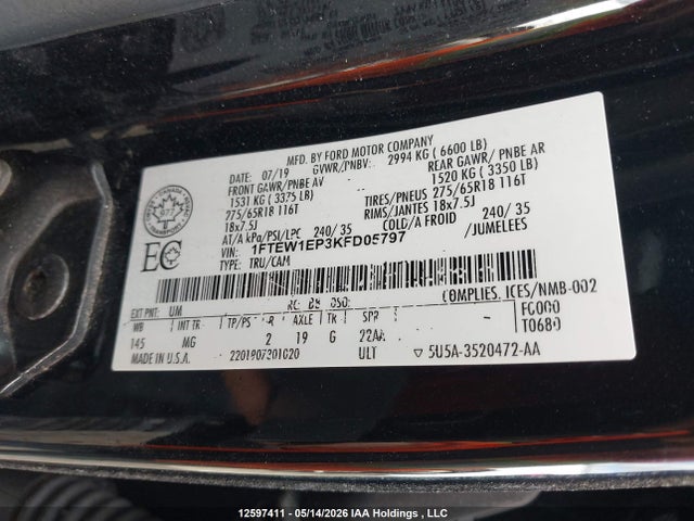 Продажа на аукционе авто 2019 Ford F-150 Xlt, vin: 1FTEW1EP3KFD05797, номер лота: 12597411