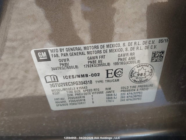 12594955 :رقم المزاد ، 3GTU2VEC3FG394318 vin ، 2015 Gmc Sierra 1500 Slt مزاد بيع
