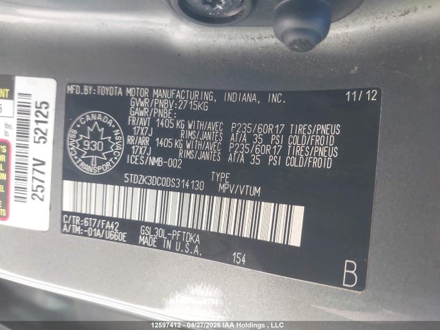 12597412 :رقم المزاد ، 5TDZK3DC0DS314130 vin ، 2013 Toyota Sienna مزاد بيع