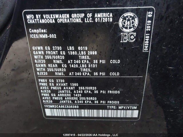 2019 Volkswagen Atlas 3.6 Fsi Highline მანქანა იყიდება აუქციონზე, vin: 1V2MR2CA9KC535383, აუქციონის ნომერი: 12597415