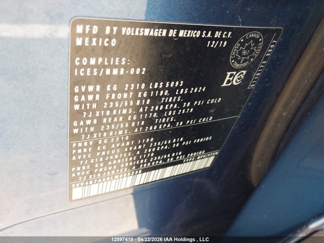 12597418 :رقم المزاد ، 3VV4B7AX8LM085236 vin ، 2020 Volkswagen Tiguan Sel Premium R-line مزاد بيع