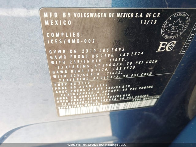 12597418 :رقم المزاد ، 3VV4B7AX8LM085236 vin ، 2020 Volkswagen Tiguan Sel Premium R-line مزاد بيع