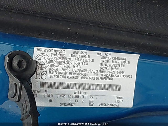 12597419 :رقم المزاد ، 1FADP3K2XGL334032 vin ، 2016 Ford Focus Se مزاد بيع