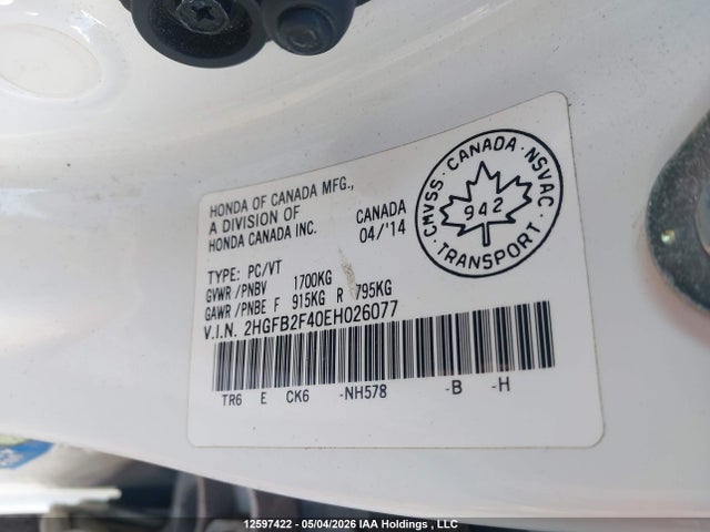 Продажа на аукционе авто 2014 Honda Civic Lx, vin: 2HGFB2F40EH026077, номер лота: 12597422